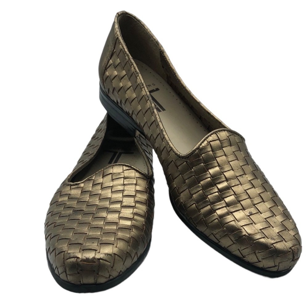 Trotters 6.5 Gold Honey Brown Liz Woven Slip On Loafers Flats Metallic